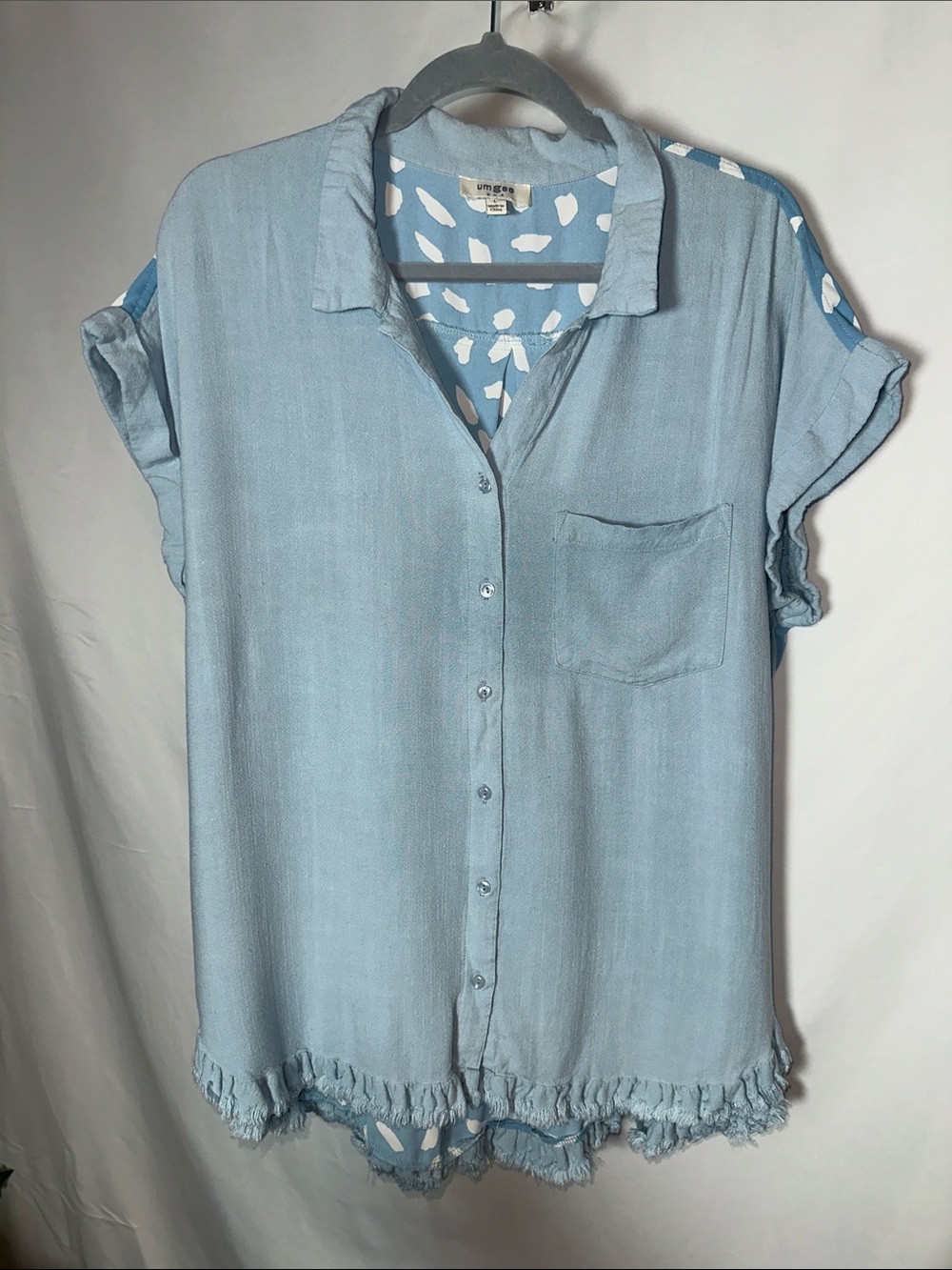 Umgee Light Blue Button-Down Top with Fringe Hem